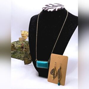 "5/$25" Goldtone Faux Turquoise Necklace & Mismatched Feather Dange Earrings